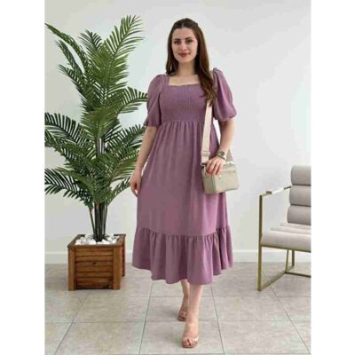 Mauve Square Neck Line Party Dress with Puff sleeves - Image 2