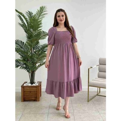 Mauve Square Neck Line Party Dress with Puff sleeves - Image 3