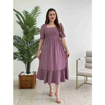 Mauve Square Neck Line Party Dress with Puff sleeves - Image 4