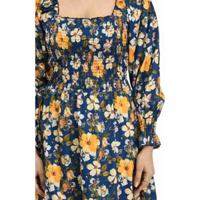 Blue and yellow floral print dress | Square neck | puff sleeve | Crepe fabric - Image 2