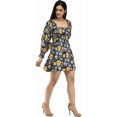 Blue and yellow floral print dress | Square neck | puff sleeve | Crepe fabric