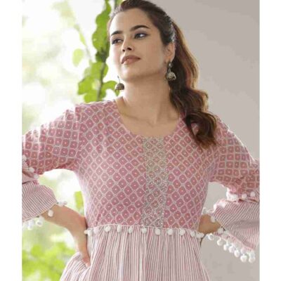 Pink White Beautiful Trendy Stylish Short Dress with Embroidery | Rayon - Image 3