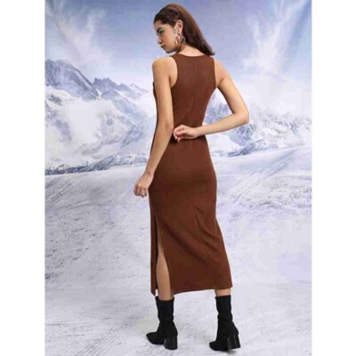 Brown solid Bodycon dress | Round neck | Sleeveless | Knitted fabric - Image 3