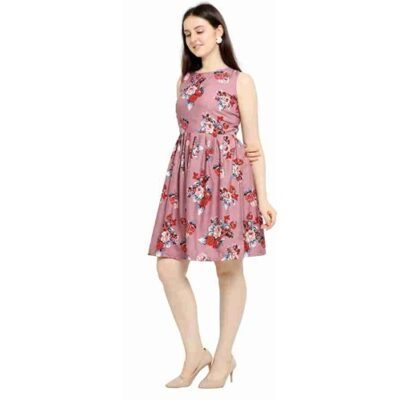 Pink Floral Print Pleated Flare Dress | Sleeveless - Image 3