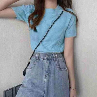 Blue Rib Knit Regular Top